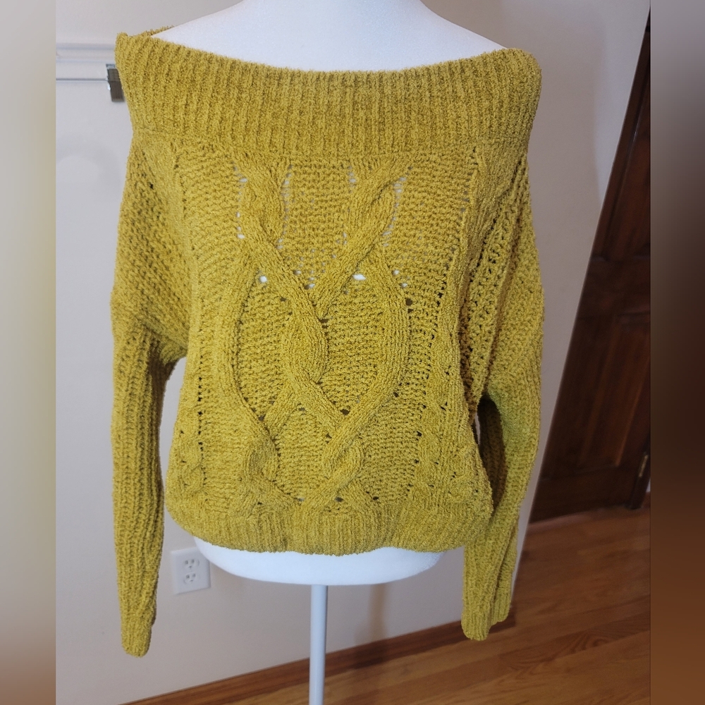 Express Mustard Off-Shoulder Cable Knit Sweater